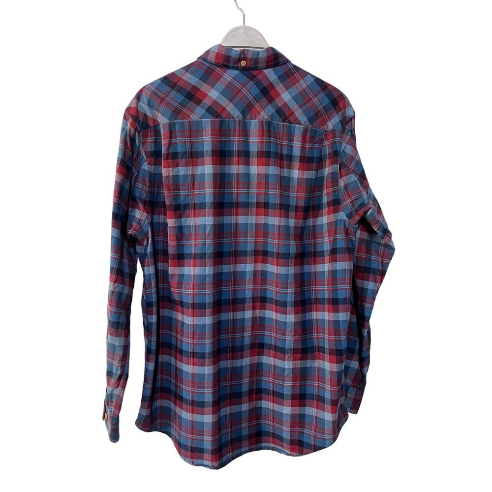 Duluth Trading Co Mens Large Free Swingin Flannel Trim Fit Shirt Blue Red Plaid - Picture 2 of 13